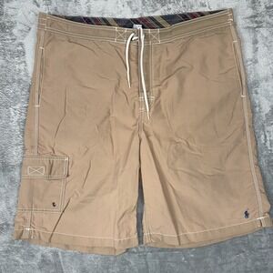 Vintage Polo Ralph Lauren Swim Trunks Shorts Men XL Cargo Pocket Taupe Blue Pony